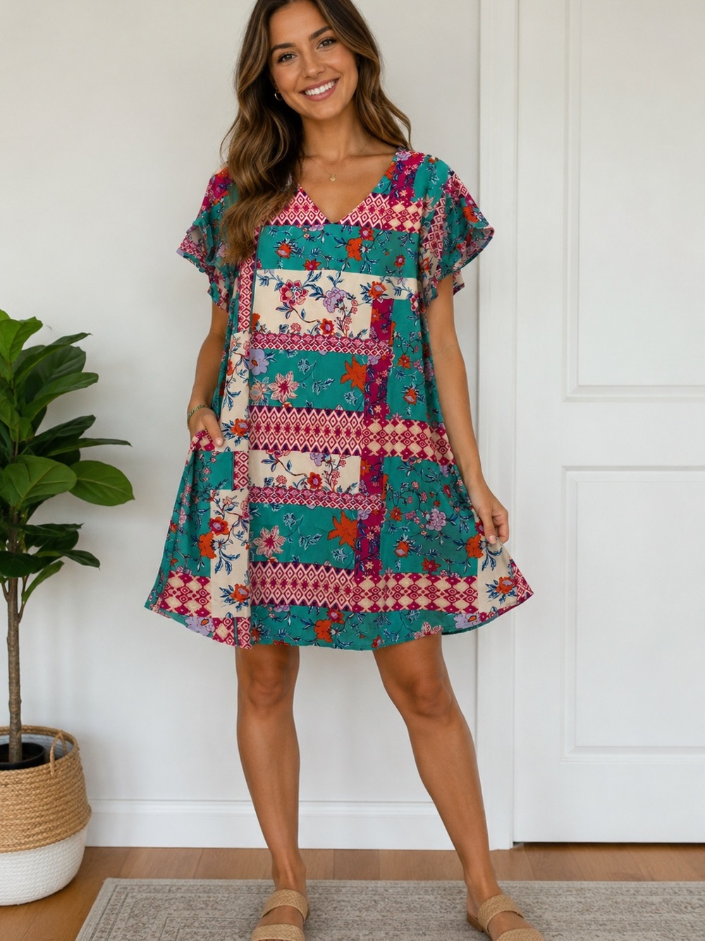 Teal Floral Patchwork V-Neck Swing Dress